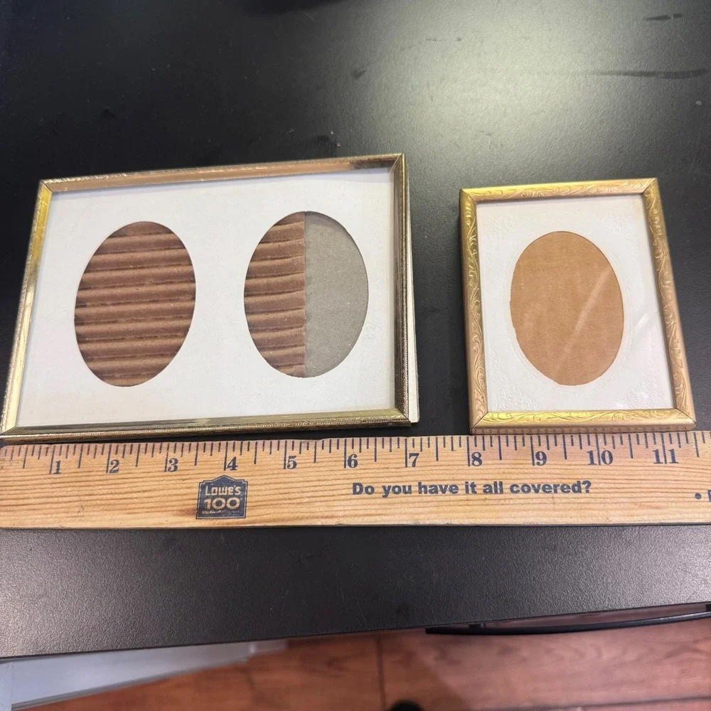 Vintage Gold Metal Oval Double and Single Picture Frame Set Small Gold Mat 2pc